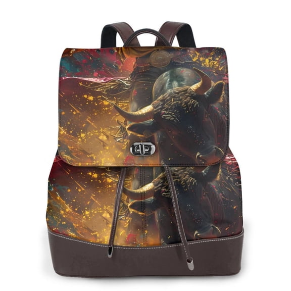 Xecao Colorful Bull Western Man Print Large Backpack Soft Leather for Women Travel with Compartment, Adjustable Convertible Strap