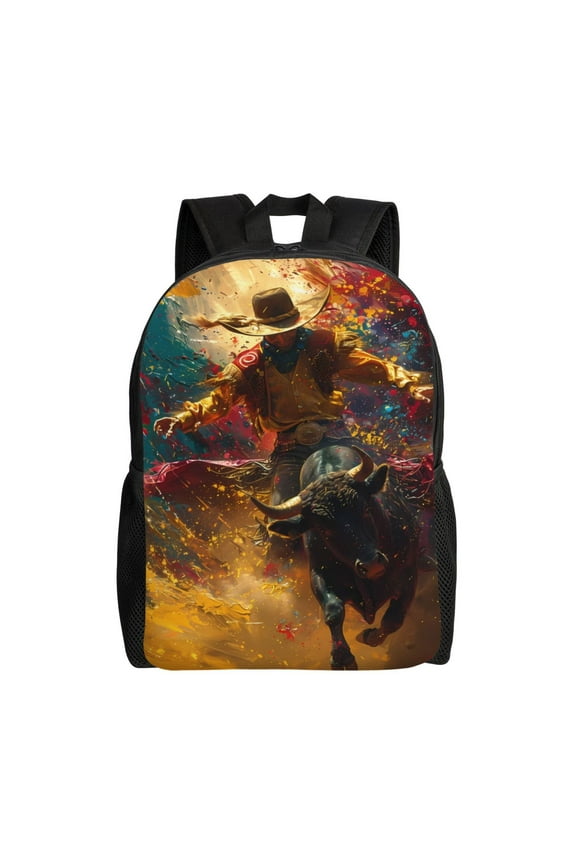 Colorful Bull Western Man Print School Backpack with Laptop Compartment Small Travel Laptop Backpack for Women Men Waterproof College Backpack Simple School Bag