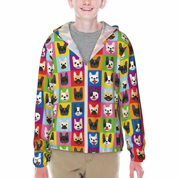 Xecao Colorful Bulldog Print Fishing Shirts for teenager Long Sleeve UV Sun Protection Hoodie with Zipper Outdoor Hiking Shirts-Large