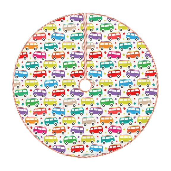 Xecao Colorful Bus Pattern Christmas Tree Skirt Round Xmas Tree Mat Base Cover for Holiday Home Decorations-30"