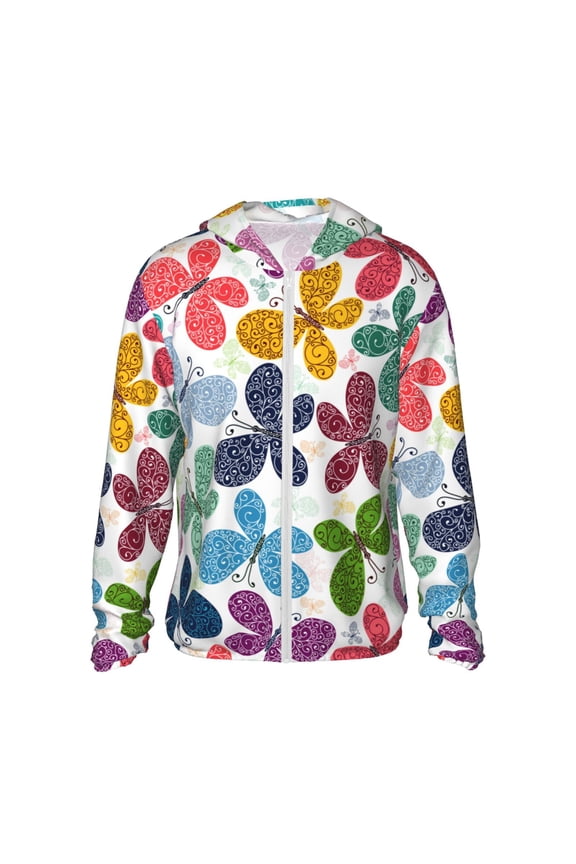 Colorful Butterflies for Sun Shirt-A lightweight, hoodie-style long-sleeve UV protection garment designed for other outdoor activities.