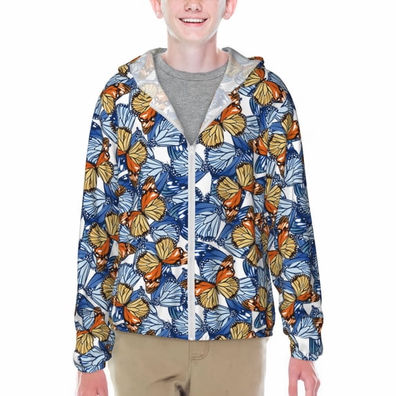 Xecao Colorful Butterfly1 Print Fishing Shirts for teenager Long Sleeve UV Sun Protection Hoodie with Zipper Outdoor Hiking Shirts-X-Large