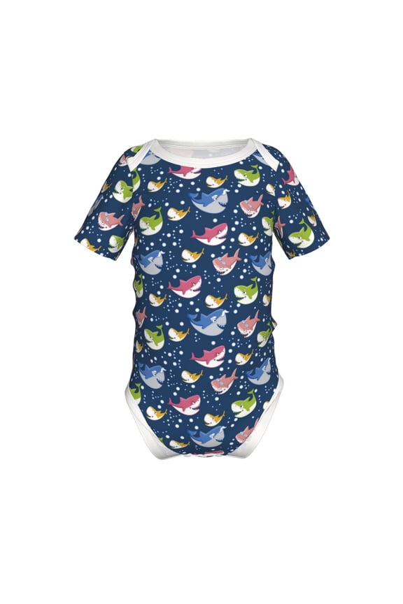 Colorful Cartoon Shark Pattern Baby Climbing Bodysuit Short Sleeve Onesie Unisex 0-12 Months Baby Shirt Newborn Outfits Crotch snap design-