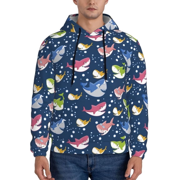 Xecao Colorful Cartoon Shark Pattern Men's Adult Pullover Hoodie,Hooded Sweatshirt-Large