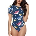 thumbnail image 1 of The Xecao Colorful Cartoon Shark Women's Crew Neck Body Suit, a short-sleeved bodysuit and basic swimsuit, both comfort and style for dating and daily life, 1 of 9