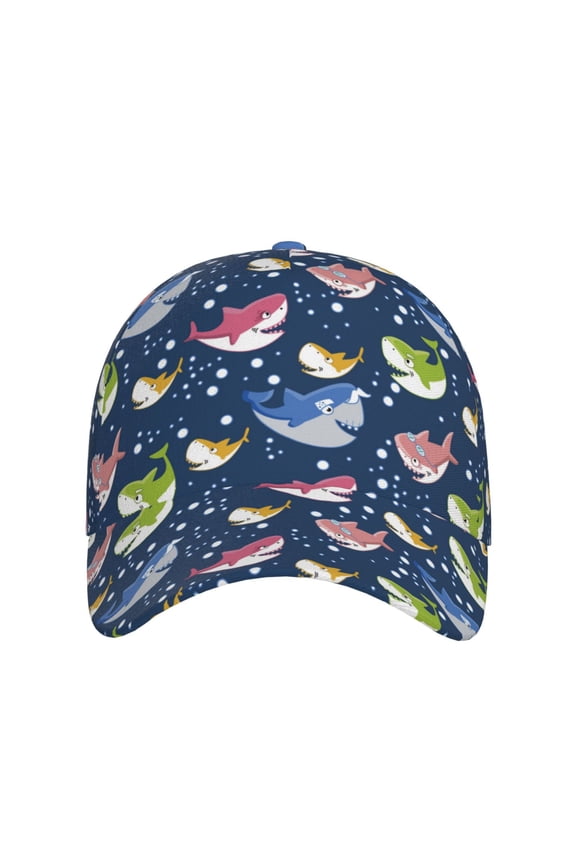 Colorful Cartoon Shark for Baseball Cap: Unisex, crafted from classic polyester twill fabric, featuring a soft unconstructed design