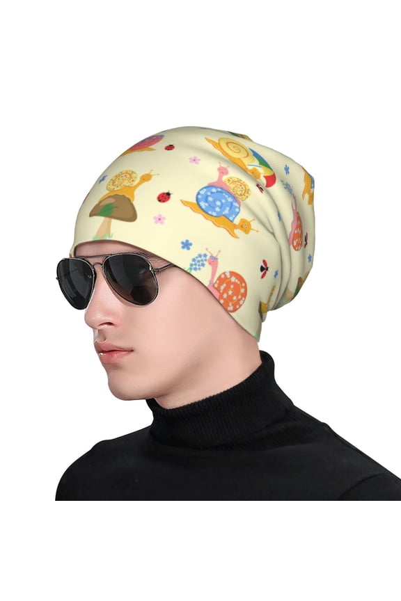 Colorful Cartoon Snail Print Beanie Knitted Hat for Men Women, Winter Fashion Knit Cuffed Caps Unisex