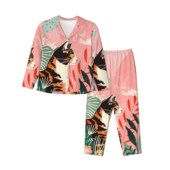 Xecao Colorful Cat With Flowers Print Women Pajamas Set Soft Sleepwear Pjs long Sleeve Button Down Nightwear with Long Pants