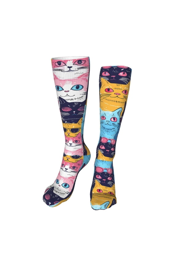 Colorful Cats Pattern Art Print Calf Socks Seamless Toe, Knee High Long Socks, Sports Socks Trouser Socks for Women and Men-One Size