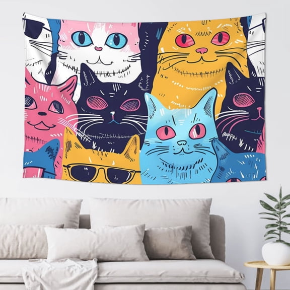 Xecao Colorful Cats Pattern Art Print Tapestry, Wall Hanging Room Funny Decor, Backdrop Room Decor for Bedroom Living Room dormitory