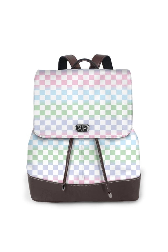 Colorful Checkerboard Print Large Backpack Soft Leather for Women Travel with Compartment, Adjustable Convertible Strap