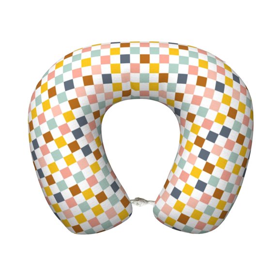 Xecao Colorful Checkered 1 Print Memory Foam Cervical Neck Pillow Versatile U-Shaped Pillows for Home,Office,Camping,Travelling,Soft Washable Cover
