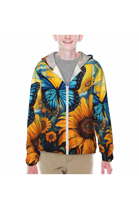 Colorful Cloud Butterfly Sunflower Print Fishing Shirts for teenager Long Sleeve UV Sun Protection Hoodie with Zipper Outdoor Hiking Shirts-Medium