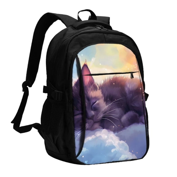 Xecao Colorful Cloud Sleeping Cat for Travel Laptop Backpack, USB-Charging-Enabled, Spacious Business Backpack for Men and Women,College School Computer Bag