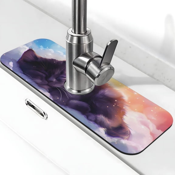 Xecao Colorful Cloud Sleeping Cat for Kitchen Sink Splash Guard Faucet Mat , Faucet Guard & Draining mat, (15" X 5.5" )