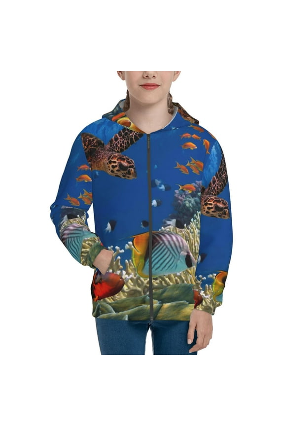 Colorful Coral Reef Pattern Zip Up Hoodies for Boys Girls, Sweatshirt with Pockets-Small