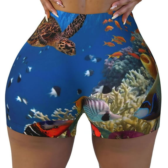 Xecao Colorful Coral Reef Print Workout Shorts for Women Soft Smooth Gym Yoga Scrunch Active Tennis Workout Running Shorts