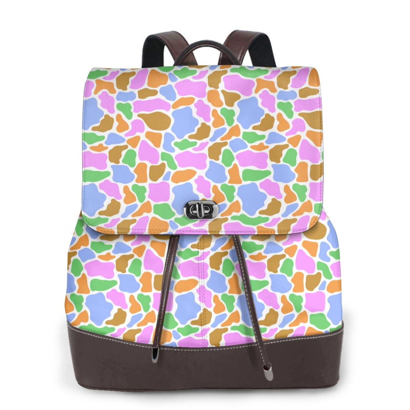 Xecao Colorful Cow Skin Print Large Backpack Soft Leather for Women Travel with Compartment, Adjustable Convertible Strap
