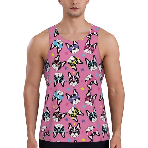 Xecao Colorful Cute French Bulldog Men's Tank Top Workout Quick Dry Sleeveless Gym Jogging Muscle Shirts Summer Swim Beach Tops