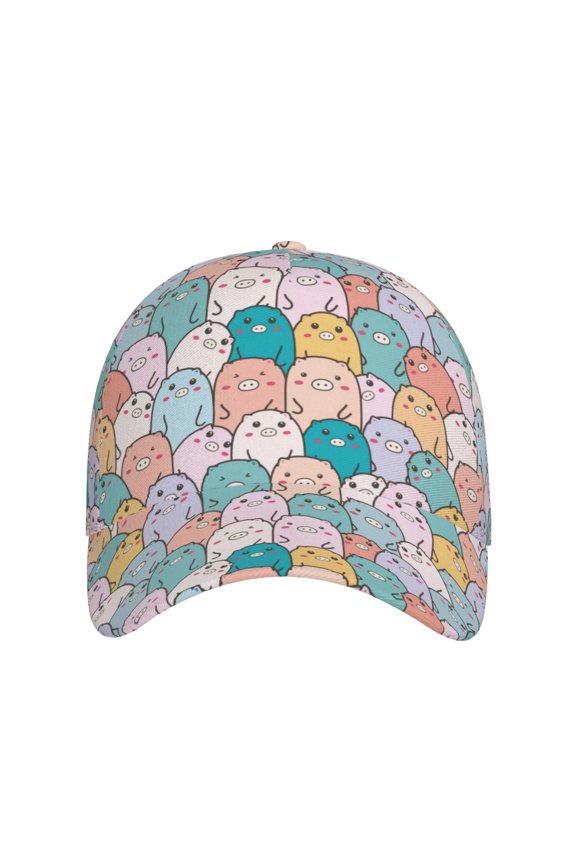 Colorful Cute Pig for Baseball Cap: Unisex, crafted from classic polyester twill fabric, featuring a soft unconstructed design