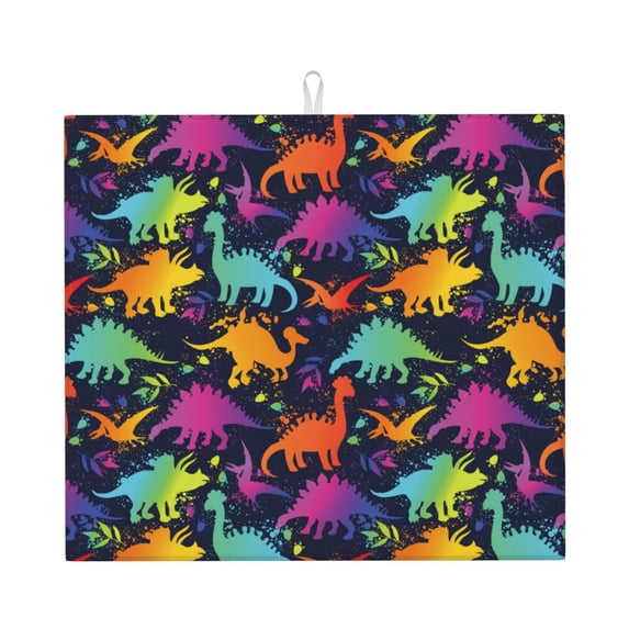 Xecao Colorful Dinosaur Print Dish Drying Mat for Kitchen Counter,Absorbent Coffee Bar Mat, Dish Drainer Rack Mats,Dining Room Decoration