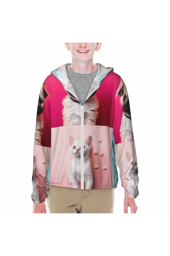 Colorful Dog Cat Collage Print Fishing Shirts for teenager Long Sleeve UV Sun Protection Hoodie with Zipper Outdoor Hiking Shirts-Large
