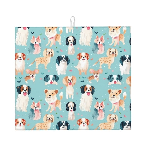 Xecao Colorful Dog Print Dish Drying Mat for Kitchen Counter,Absorbent Coffee Bar Mat, Dish Drainer Rack Mats,Dining Room Decoration