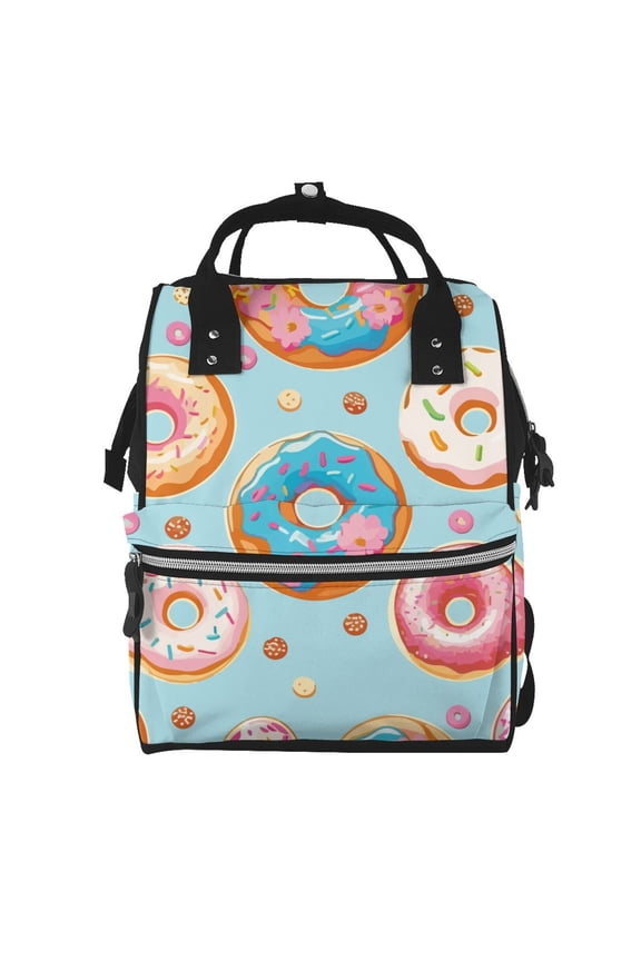 Colorful Donut print Large Capacity Nappy Bag is a multi-functional waterproof travel backpack, perfect as a nursing bag or mummy backpack for women