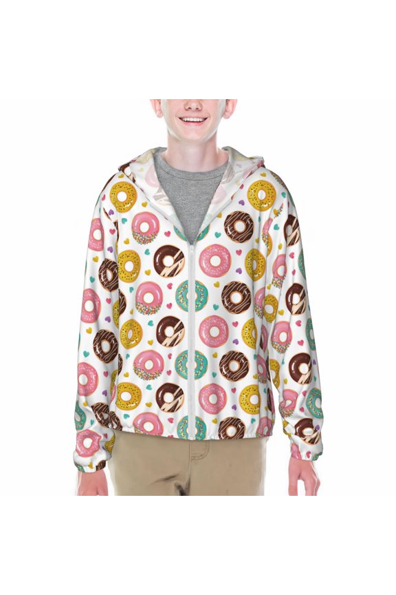 Colorful Donuts Print Fishing Shirts for teenager Long Sleeve UV Sun Protection Hoodie with Zipper Outdoor Hiking Shirts-XX-Large