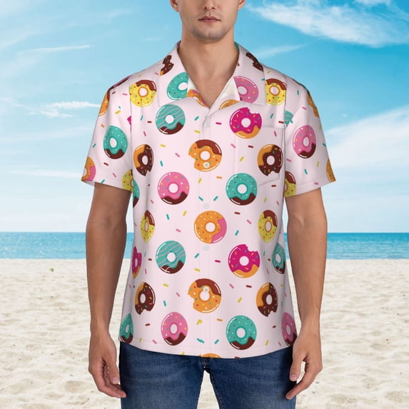 Xecao Colorful Donuts print Hawaiian shirt - a stylish short-sleeve button-down for men, perfect for casual beach and tropical outings.