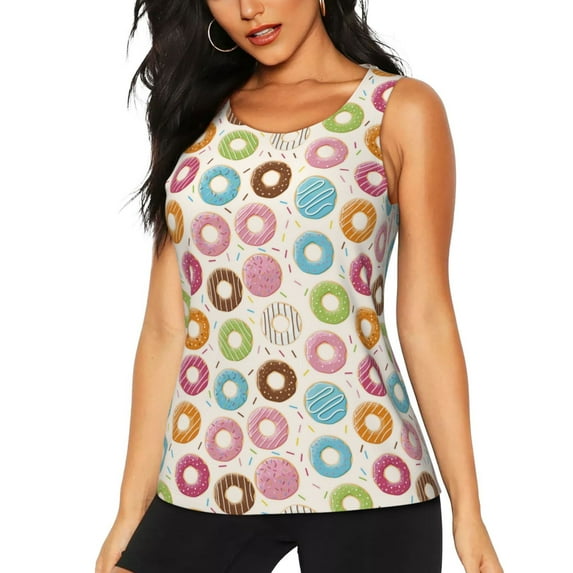 Xecao Colorful Donuts print women's scoop neck, loose-fit workout tank tops for the gym.