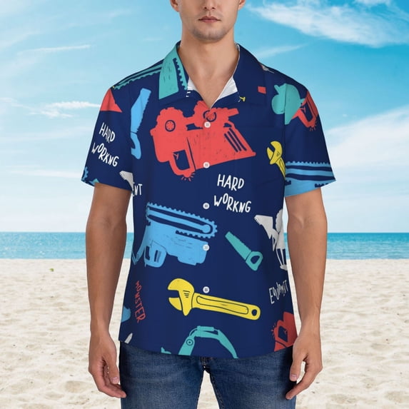 Xecao Colorful Excavator print Hawaiian shirt - a stylish short-sleeve button-down for men, perfect for casual beach and tropical outings.