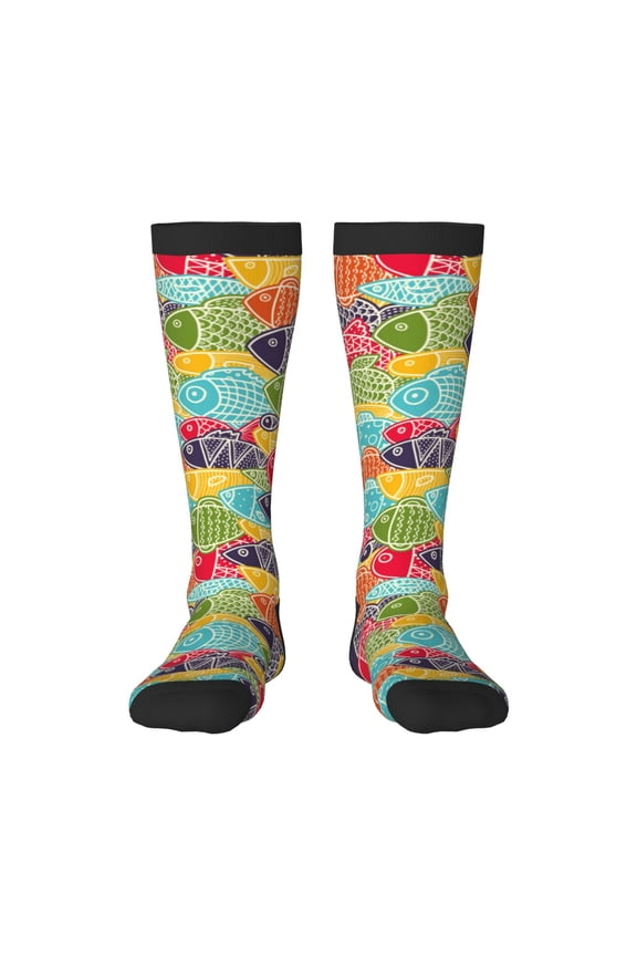 Colorful Fish 2 print thigh-high socks, crafted for both men and women with a stretchy, high-opaque design perfect for daily wear