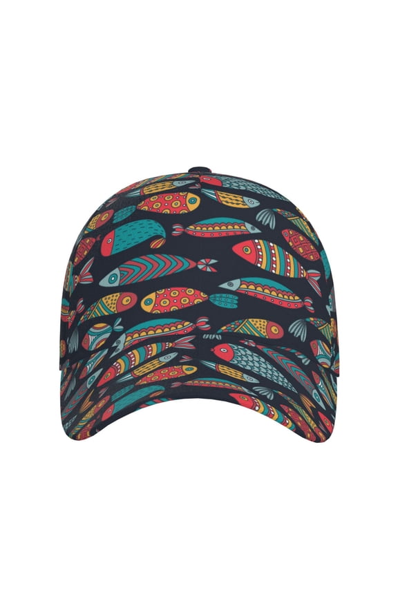 Colorful Fish for Baseball Cap: Unisex, crafted from classic polyester twill fabric, featuring a soft unconstructed design