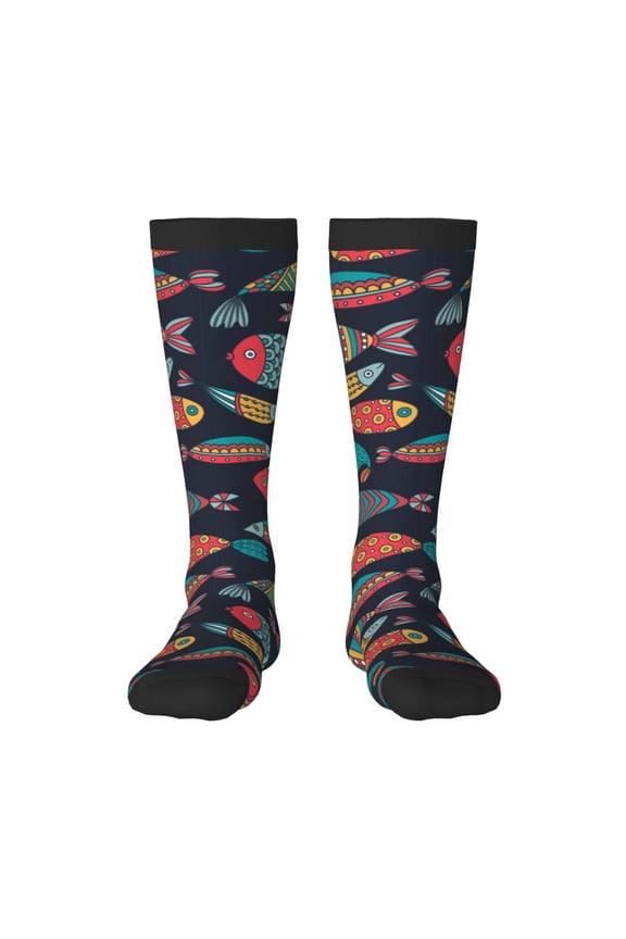 Colorful Fish print thigh-high socks, crafted for both men and women with a stretchy, high-opaque design perfect for daily wear