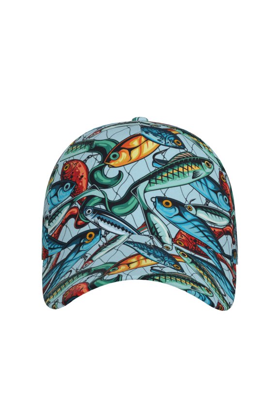 Colorful Fishing Baits for Baseball Cap: Unisex, crafted from classic polyester twill fabric, featuring a soft unconstructed design