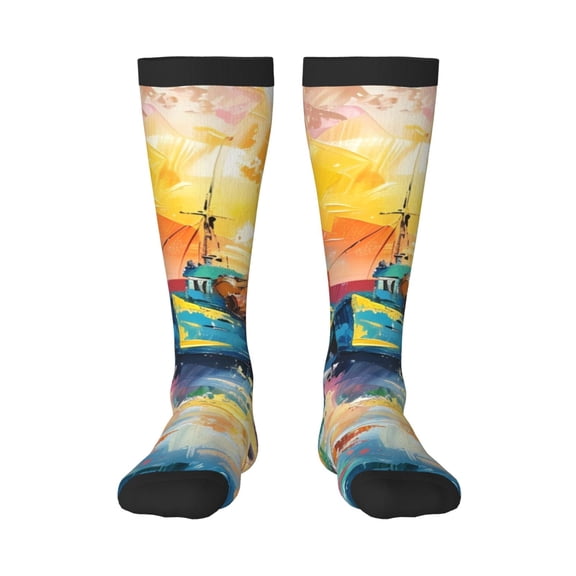 Xecao Colorful Fishing Boats Print Compression Socks for Both Men And Women for Running, Travel, Flight, Nurse