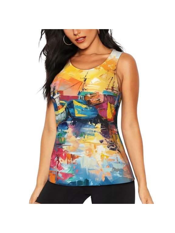 Colorful Fishing Boats Print Women's Scoop Neck, Loose-Fit Workout Tank Tops for The Gym,Sleeveless T-shirt-Large