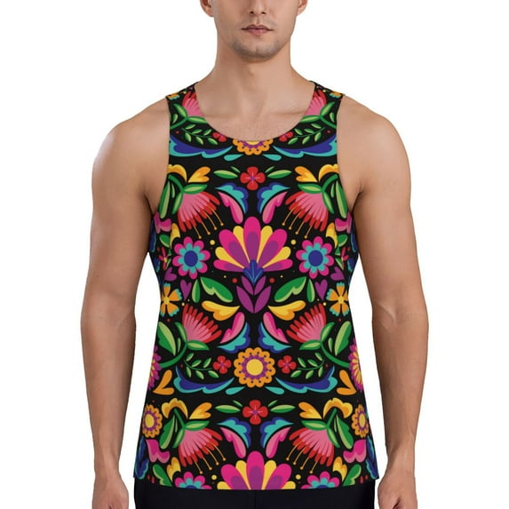 Xecao Colorful Floral Embroidery Mexican Men's Tank Top Workout Quick Dry Sleeveless Gym Jogging Muscle Shirts Summer Swim Beach Tops