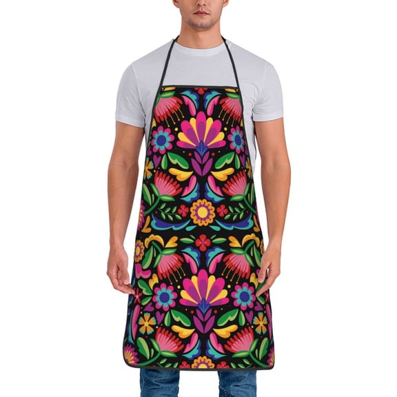 Xecao Colorful Floral Embroidery Mexican Print Funny BBQ Chef Aprons for Men Women,Adjustable Kitchen Cooking Aprons with Pocket Waterproof Oil Proof No Pilling Fading
