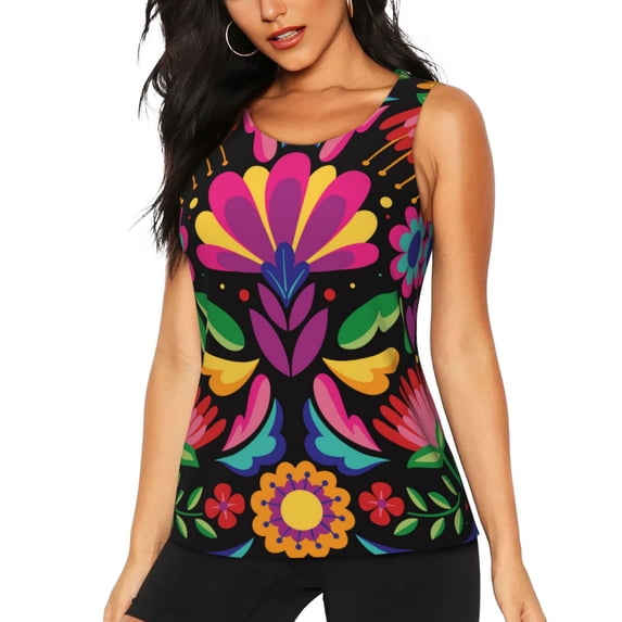 Xecao Colorful Floral Embroidery Mexican print women's scoop neck, loose-fit workout tank tops for the gym.