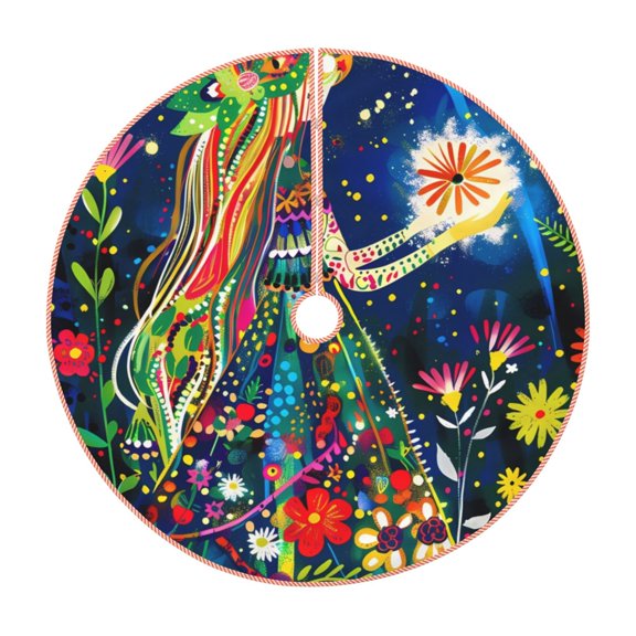 Xecao Colorful Floral Forest Fairy Pattern Christmas Tree Skirt Round Xmas Tree Mat Base Cover for Holiday Home Decorations-36"