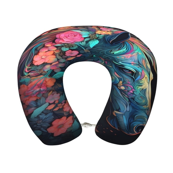 Xecao Colorful Floral Patterned Horse Print Memory Foam Cervical Neck Pillow Versatile U-Shaped Pillows for Home,Office,Camping,Travelling,Soft Washable Cover