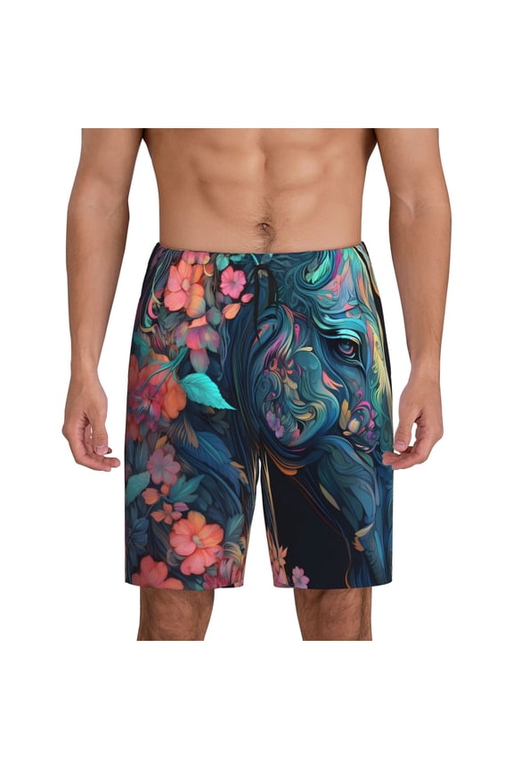Xecao Colorful Floral Patterned Horse Print Men's Sleepwear Shorts Pajama Bottom Lounge Short nightwear with Convenient Pockets for Relaxed Home Wear-Small