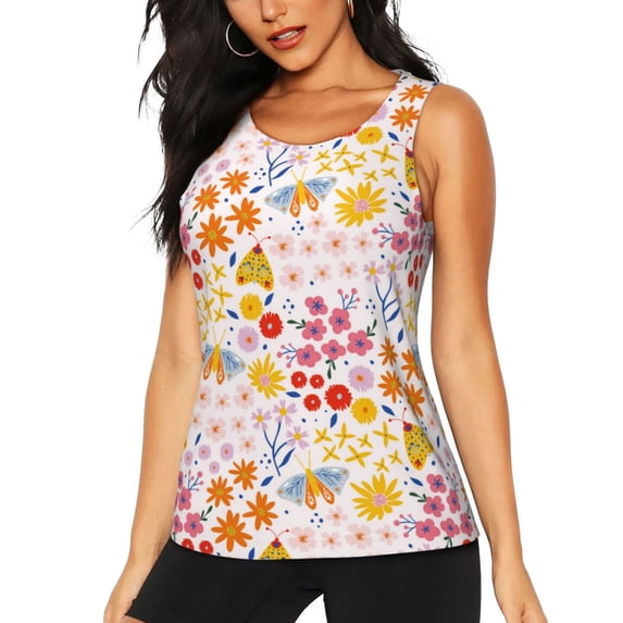Xecao Colorful Floral print women's scoop neck, loose-fit workout tank tops for the gym.