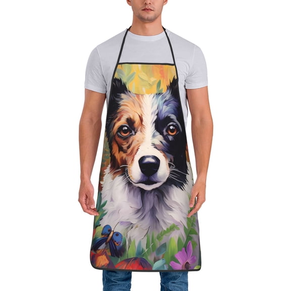 Xecao Colorful Flower Dog Print Funny BBQ Chef Aprons for Men Women,Adjustable Kitchen Cooking Aprons with Pocket Waterproof Oil Proof No Pilling Fading