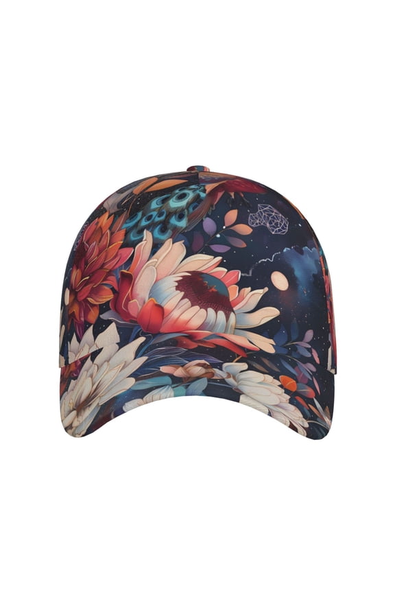 Colorful Flower Peacock for Baseball Cap: Unisex, crafted from classic polyester twill fabric, featuring a soft unconstructed design