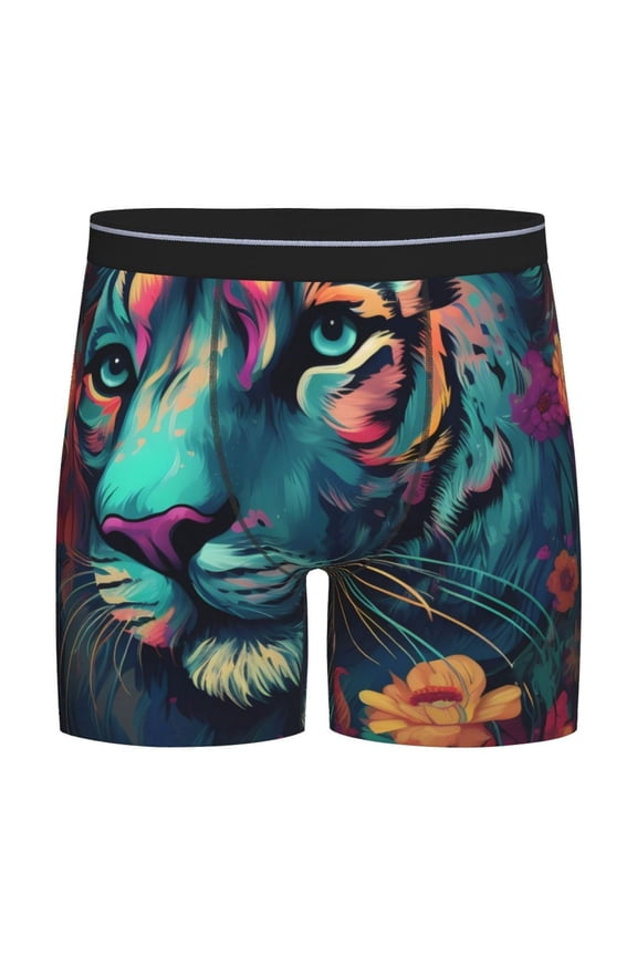 Colorful Flower Tiger Print Boxer Briefs for Men's Stretch Moisture-Wicking Underwear, Mid-Rise Classics breathable fabric
