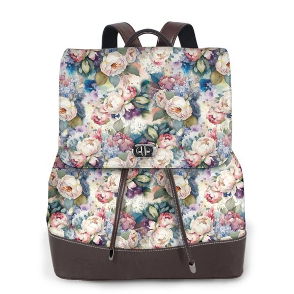 Xecao Rose Flowers Print Large Backpack Soft Leather for Women Travel with Compartment, Adjustable Convertible Strap