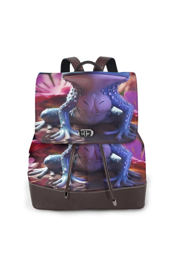 Colorful Frog Among Flowers Print Large Backpack Soft Leather for Women Travel with Compartment, Adjustable Convertible Strap